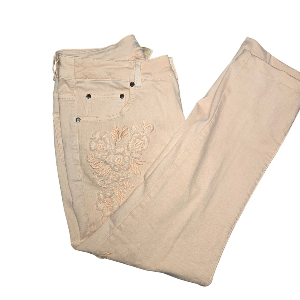 Eric Peach Floral Embroidered Denim Jeans Women Size 10 Pink Pastel Crop Stretch - Picture 1 of 8